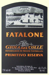 Etichetta Fatalone Gioia del Colle DOC Primitivo Riserva bio